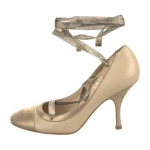 CHANEL Beige/Nude + Gold Lace Up Heels - Picture 7 of 7